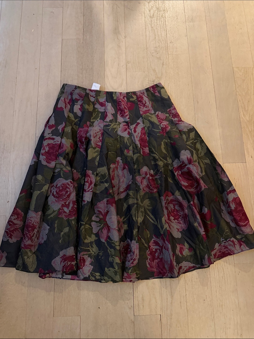 Silk Floral Pleated A-Line Skirt - Green with Red Rose Print